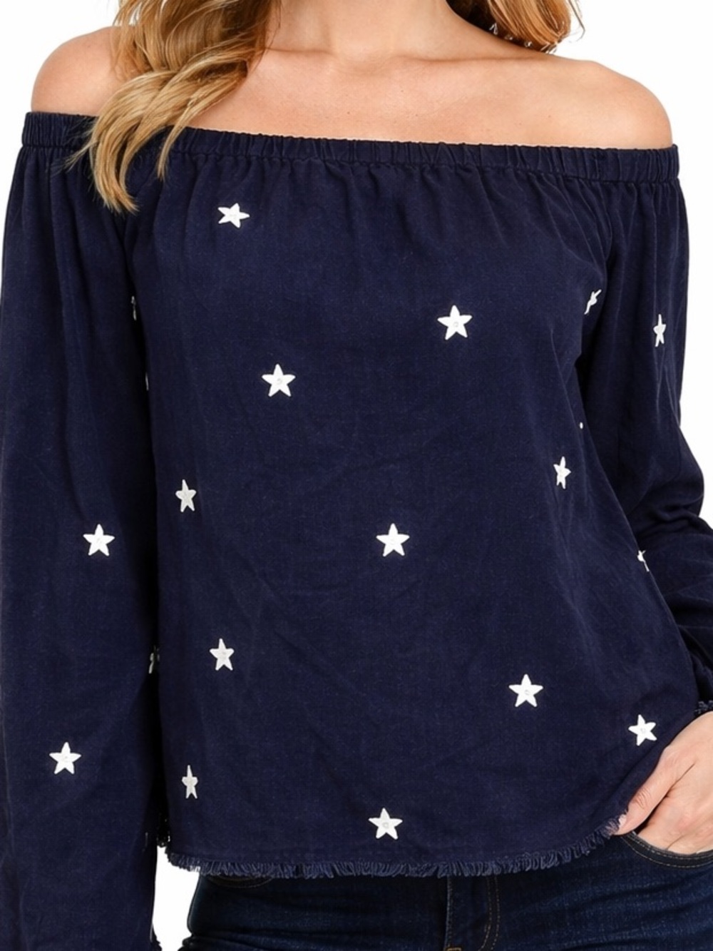 Cloth & Stone Top Blouse Women's Small Blue White Stars Off the Shoulder Raw Hem